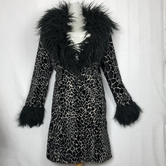 Rare Vintage Betsey Johnson Mongolian Faux Fur Animal Print 90s Y2k Trench Coat - Picture 1 of 16